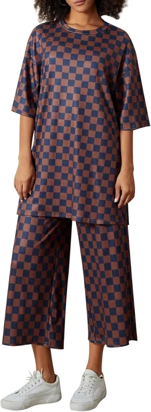 Aonoapll Women Checkered 2 Piece Lounge Set Oversized Short Sleeve Top Gingham Wide Leg Pants Ribbed Y2k Pajama Sets
