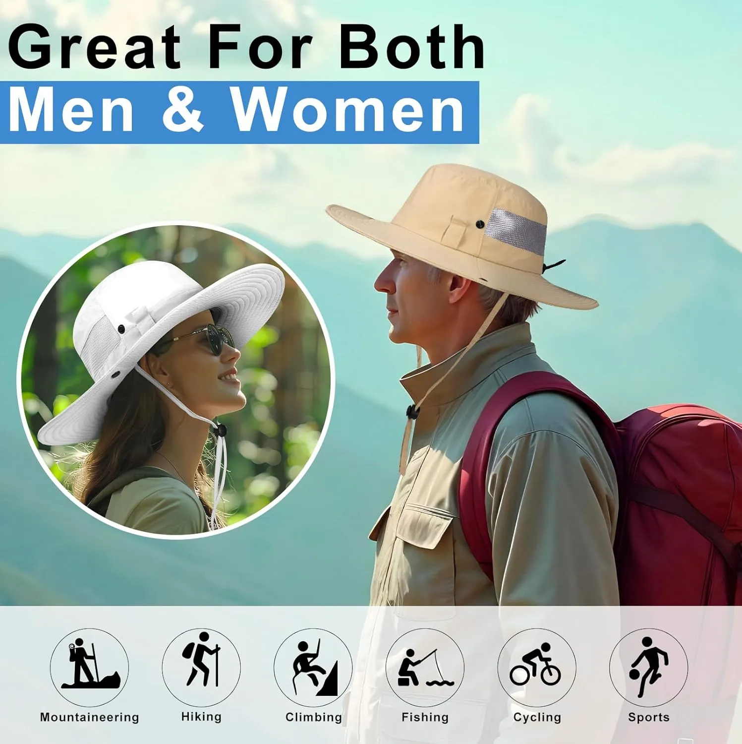 BEARAE Fishing Hat, UPF 50  UV Protection Hiking Beach Bucket Hat, Adjustable Waterproof Wide Brim Sun Hats for Men Women