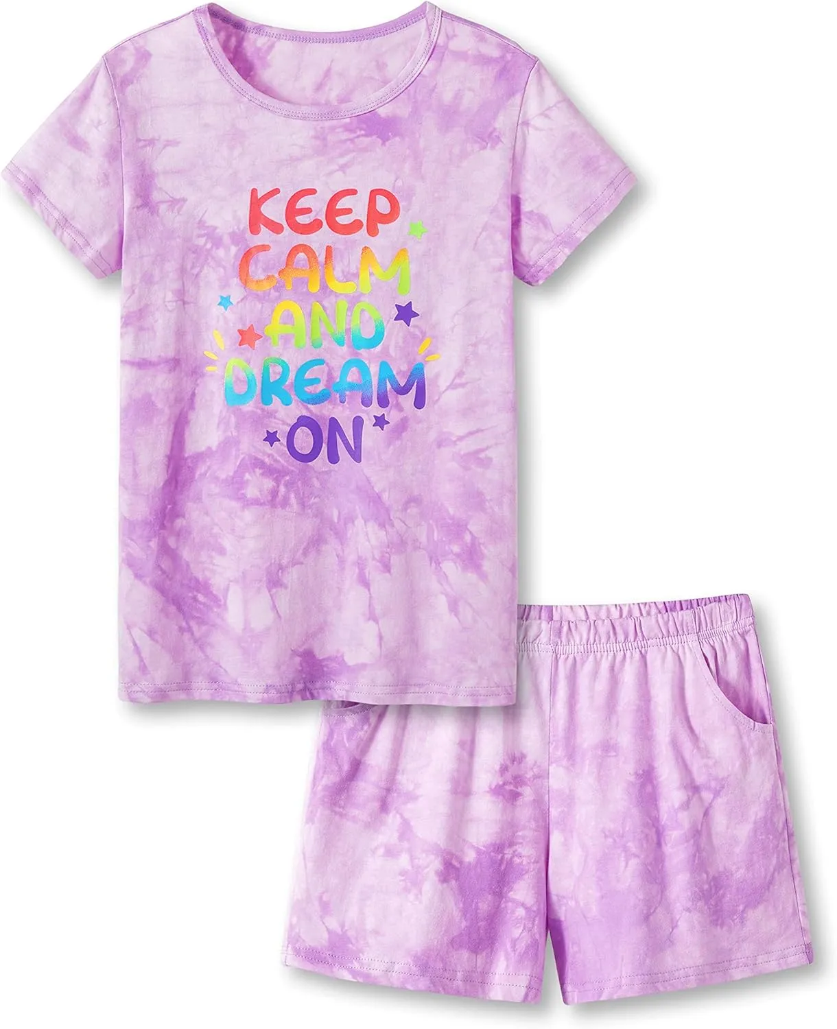 Beezizac Tie Dye Pajamas for Girls - 100% Cotton Glitter Butterfly Cat Summer Short Sleeve PJ Set Tween Clothes Size 4T - 18
