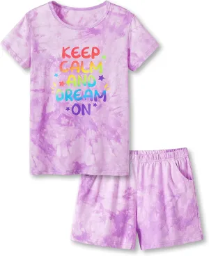 Beezizac Tie Dye Pajamas for Girls - 100% Cotton Glitter Butterfly Cat Summer Short Sleeve PJ Set Tween Clothes Size 4T - 18