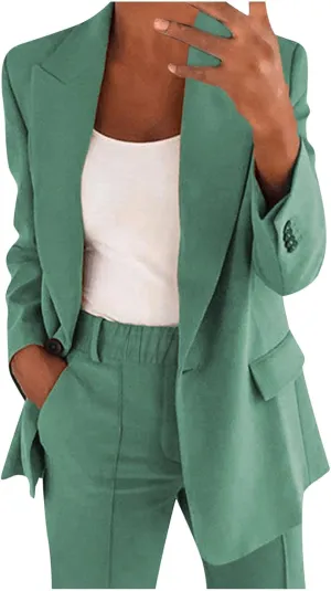 Blazer Sets Women 2 Piece Outfits Open Front Business Casual Jackets Elastic Waist Dress Pants Fashion Suit Sets