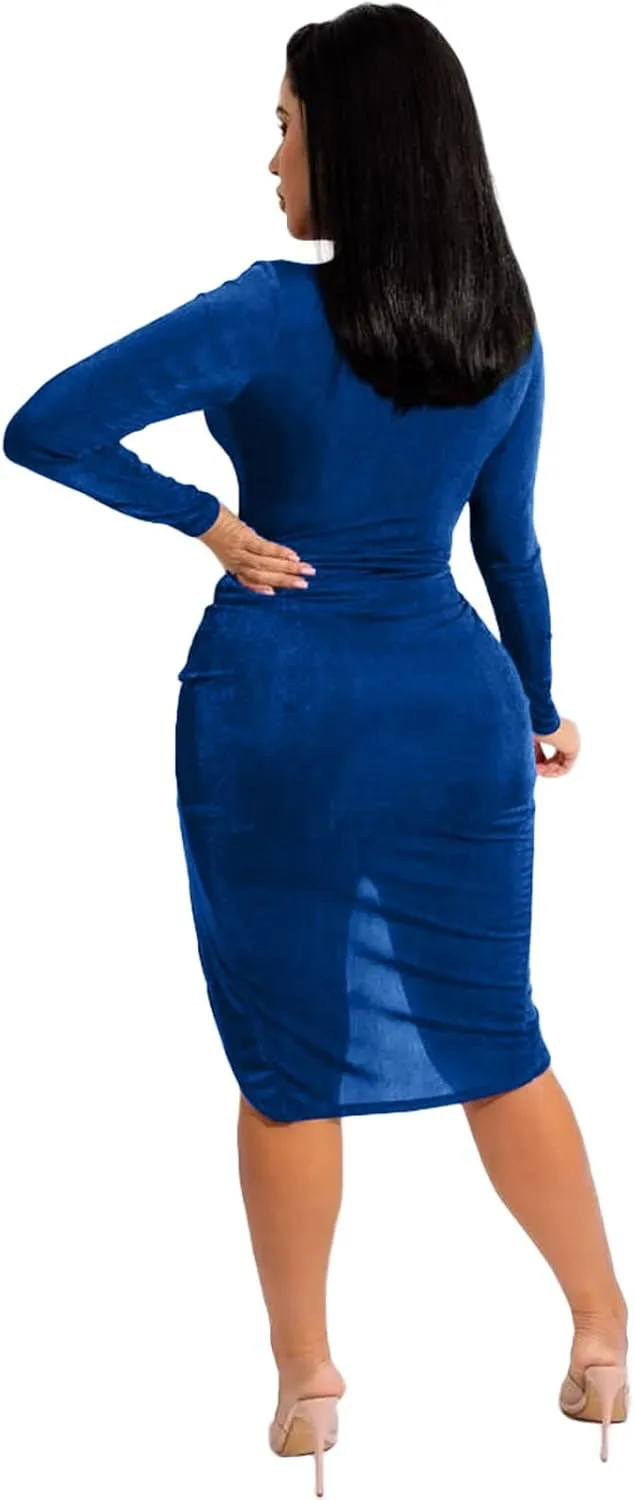 BOGURST Winter Velour Dress for Women Wrap Deep V Neck Long Sleeve Midi Dress Cocktail Party Bodycon Dress