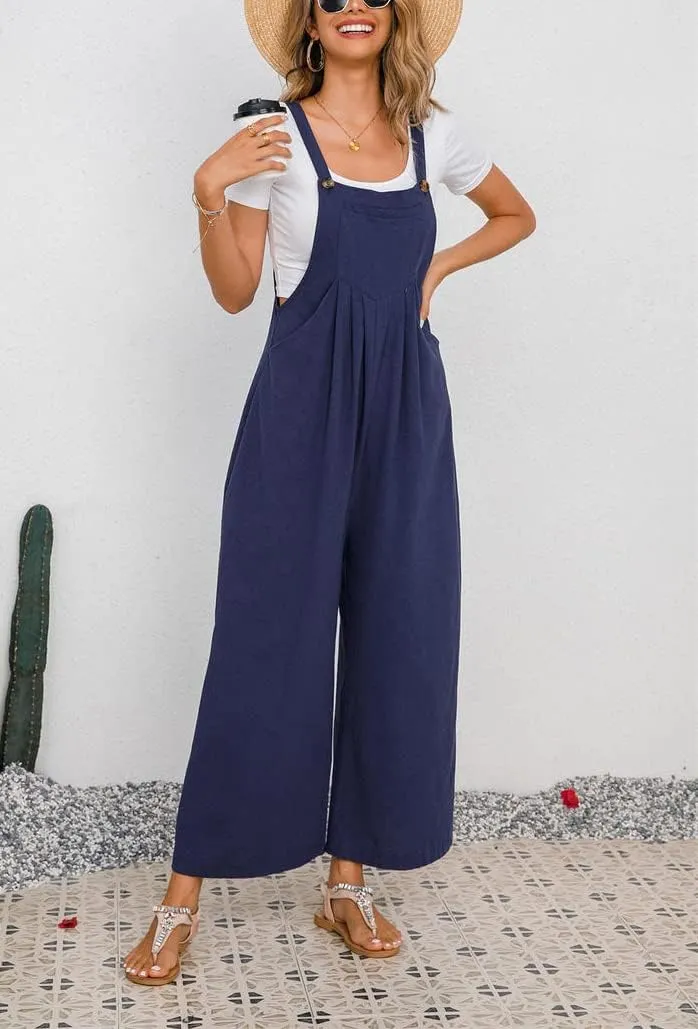 chouyatou Women's Summer Wide Leg Bib Linen Overalls Palazzo Pants Casual Linen Jumpsuits
