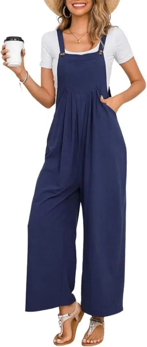 chouyatou Women's Summer Wide Leg Bib Linen Overalls Palazzo Pants Casual Linen Jumpsuits