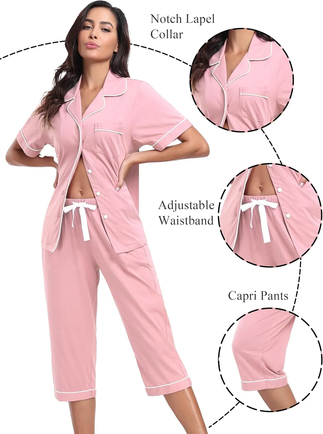 COLORFULLEAF 100% Cotton Women's Pajama Sets Short Sleeve Capri Pajamas for Women Set Button Down Pjs Soft Sleepwear Summer