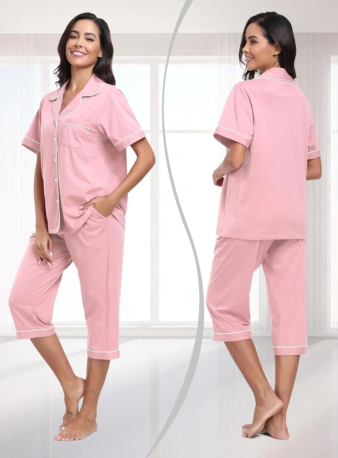 COLORFULLEAF 100% Cotton Women's Pajama Sets Short Sleeve Capri Pajamas for Women Set Button Down Pjs Soft Sleepwear Summer