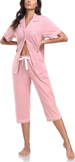COLORFULLEAF 100% Cotton Women's Pajama Sets Short Sleeve Capri Pajamas for Women Set Button Down Pjs Soft Sleepwear Summer