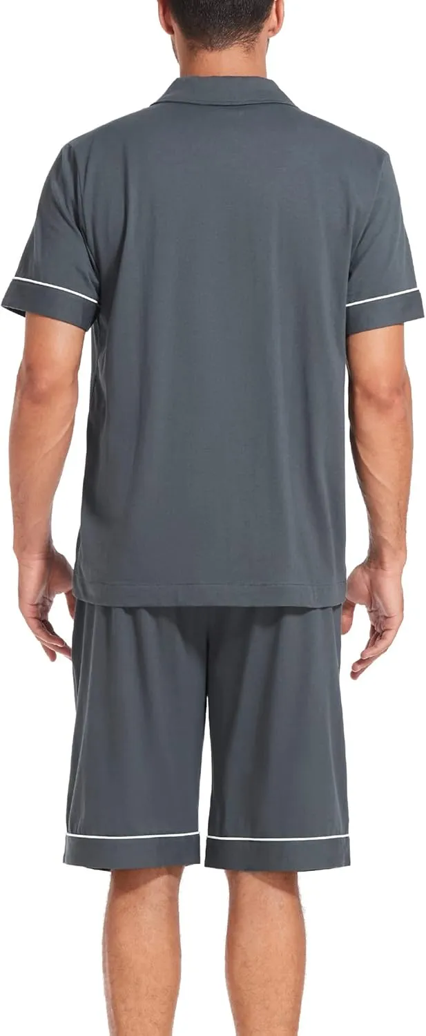 COLORFULLEAF Men's 100% Cotton Short Sleeve Pajama Sets Button Down Notched Collar Sleepwear Soft Lounge Pjs with Pockets