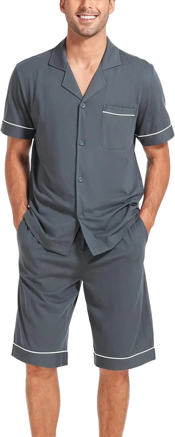COLORFULLEAF Men's 100% Cotton Short Sleeve Pajama Sets Button Down Notched Collar Sleepwear Soft Lounge Pjs with Pockets