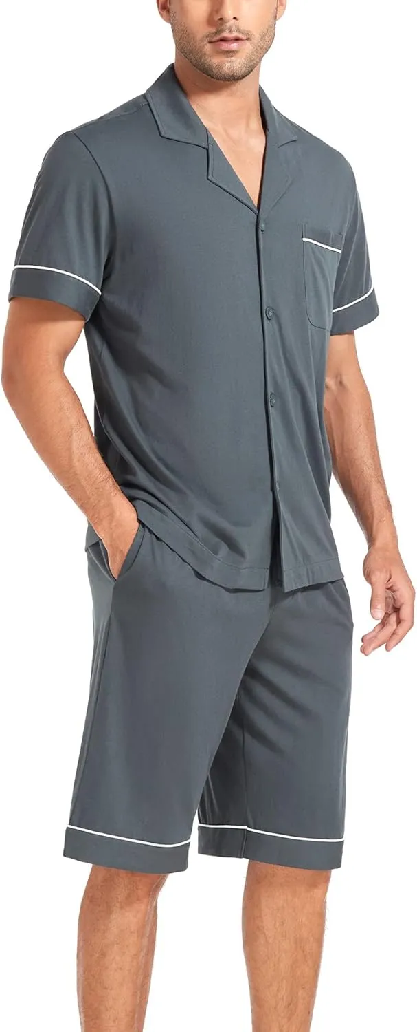 COLORFULLEAF Men's 100% Cotton Short Sleeve Pajama Sets Button Down Notched Collar Sleepwear Soft Lounge Pjs with Pockets