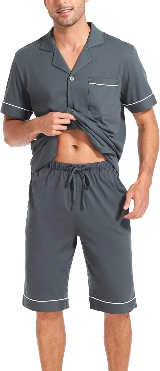 COLORFULLEAF Men's 100% Cotton Short Sleeve Pajama Sets Button Down Notched Collar Sleepwear Soft Lounge Pjs with Pockets