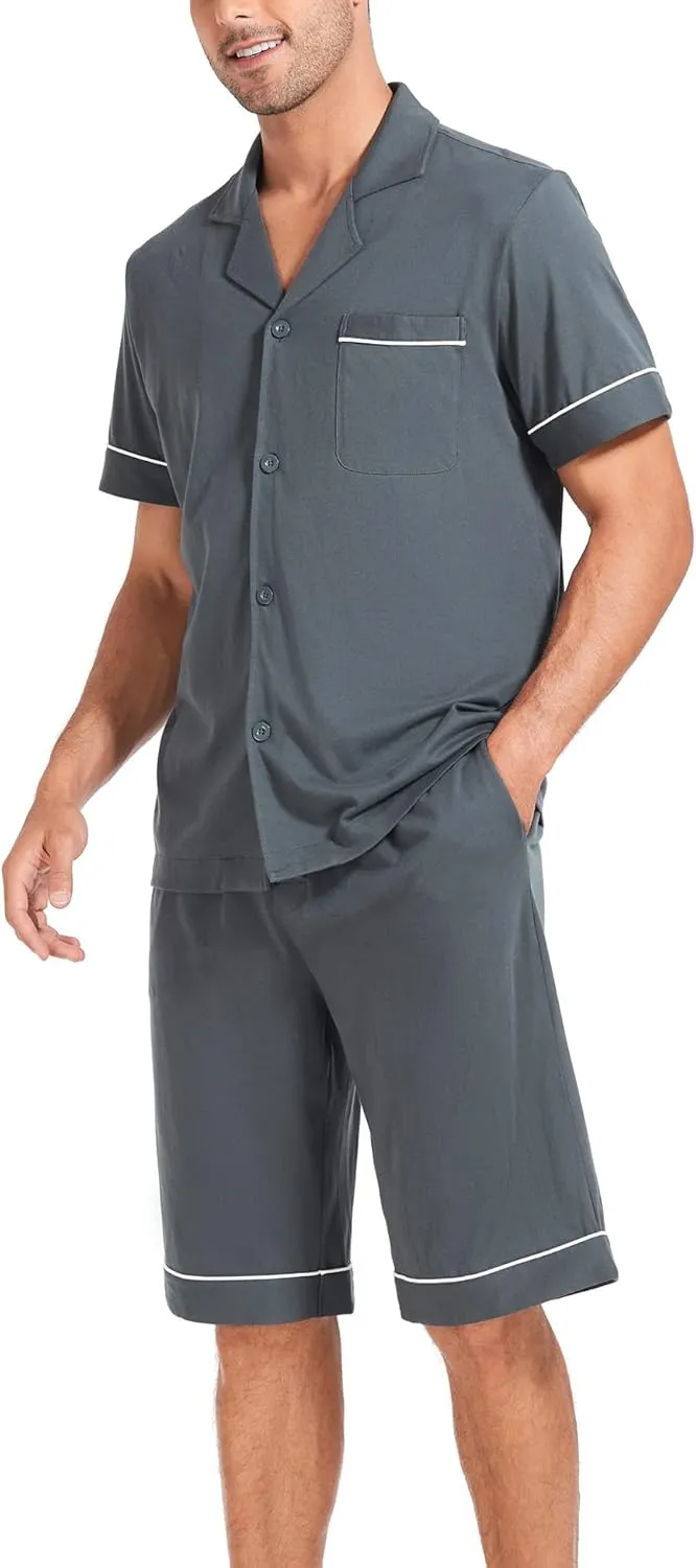 COLORFULLEAF Men's 100% Cotton Short Sleeve Pajama Sets Button Down Notched Collar Sleepwear Soft Lounge Pjs with Pockets