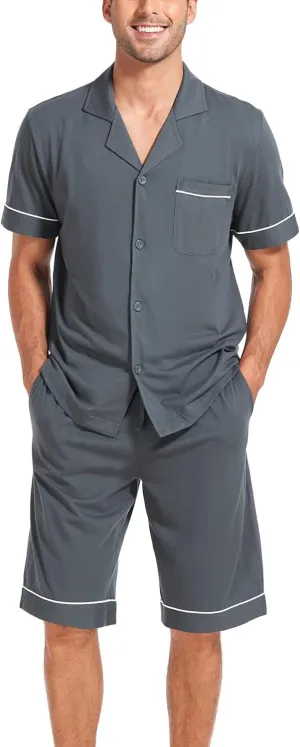 COLORFULLEAF Men's 100% Cotton Short Sleeve Pajama Sets Button Down Notched Collar Sleepwear Soft Lounge Pjs with Pockets