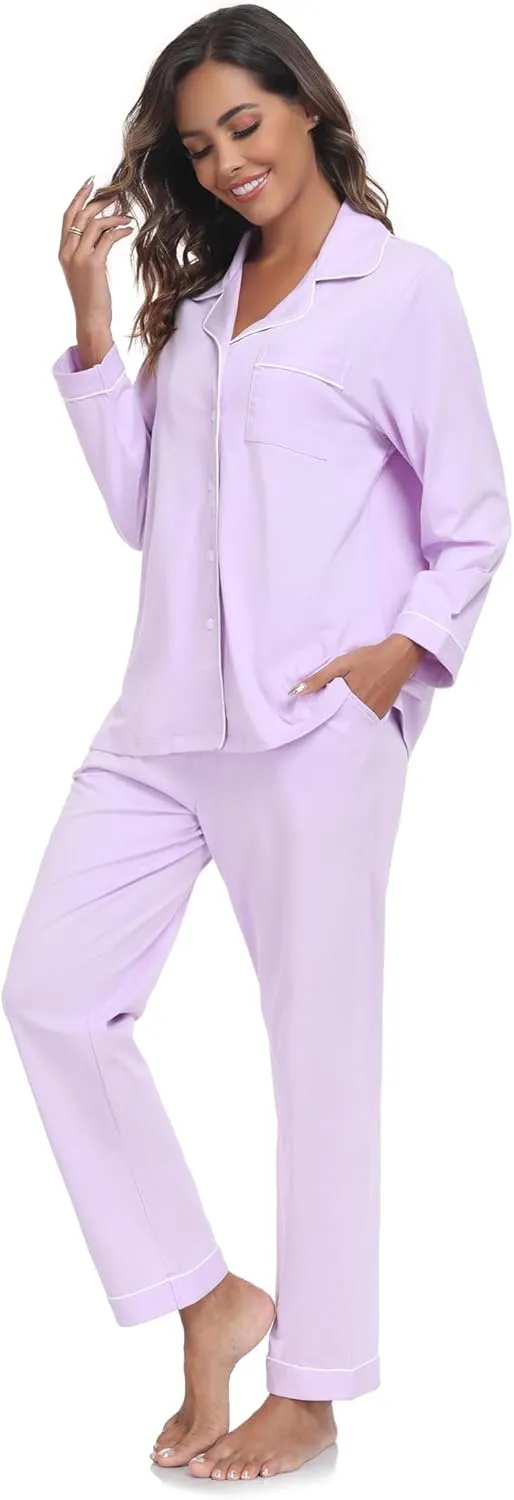 COLORFULLEAF Women's 100% Cotton Long Sleeve Pajama Sets Button Down Notched Collar Sleepwear Soft Lounge Pjs with Pockets