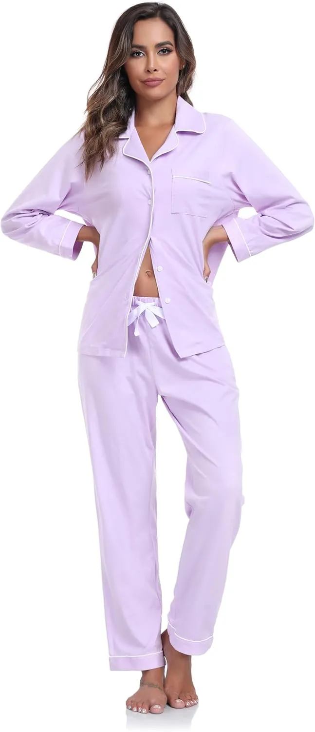 COLORFULLEAF Women's 100% Cotton Long Sleeve Pajama Sets Button Down Notched Collar Sleepwear Soft Lounge Pjs with Pockets