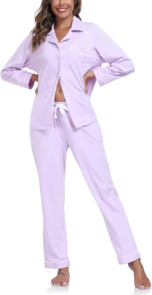 COLORFULLEAF Women's 100% Cotton Long Sleeve Pajama Sets Button Down Notched Collar Sleepwear Soft Lounge Pjs with Pockets