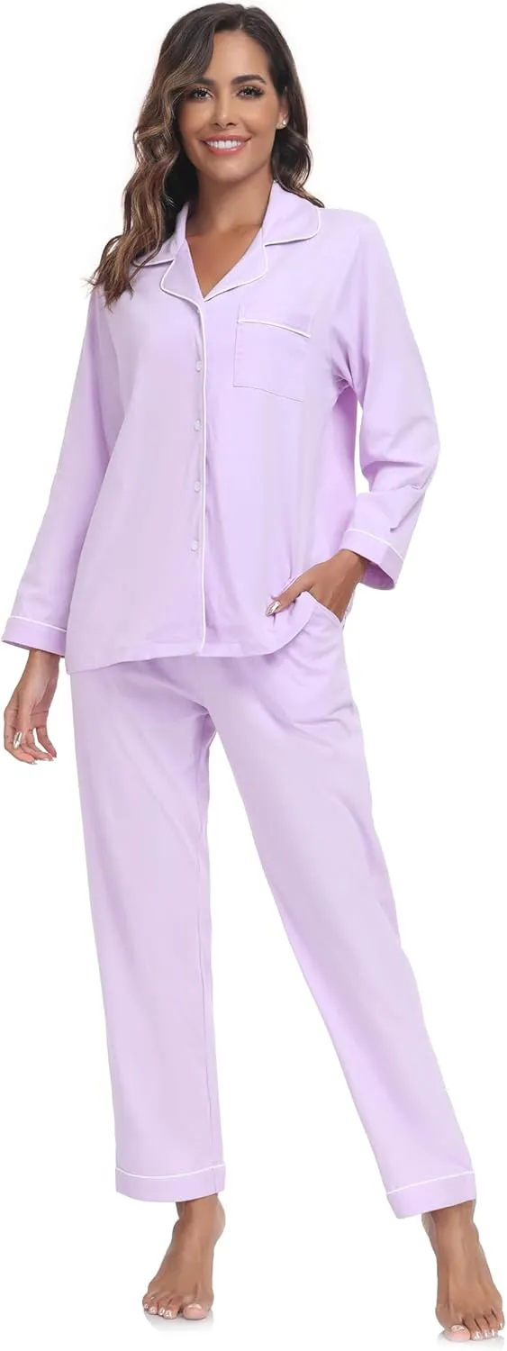 COLORFULLEAF Women's 100% Cotton Long Sleeve Pajama Sets Button Down Notched Collar Sleepwear Soft Lounge Pjs with Pockets