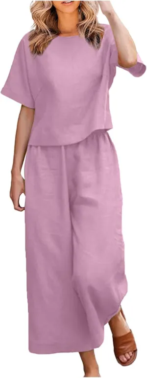 Cotton Linen Sets for Women 2 Piece Lounge Set Summer Outfits Short Sleeve Crop Top Wide Leg Capri Pants with Pockets