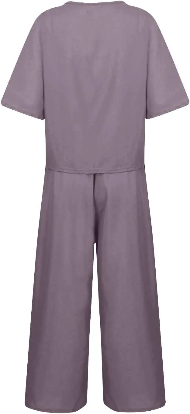 Cotton Linen Sets for Women 2 Piece Lounge Set Summer Outfits Short Sleeve Crop Top Wide Leg Capri Pants with Pockets