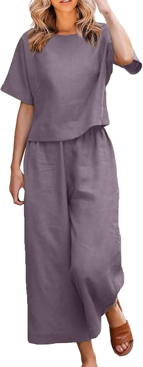 Cotton Linen Sets for Women 2 Piece Lounge Set Summer Outfits Short Sleeve Crop Top Wide Leg Capri Pants with Pockets