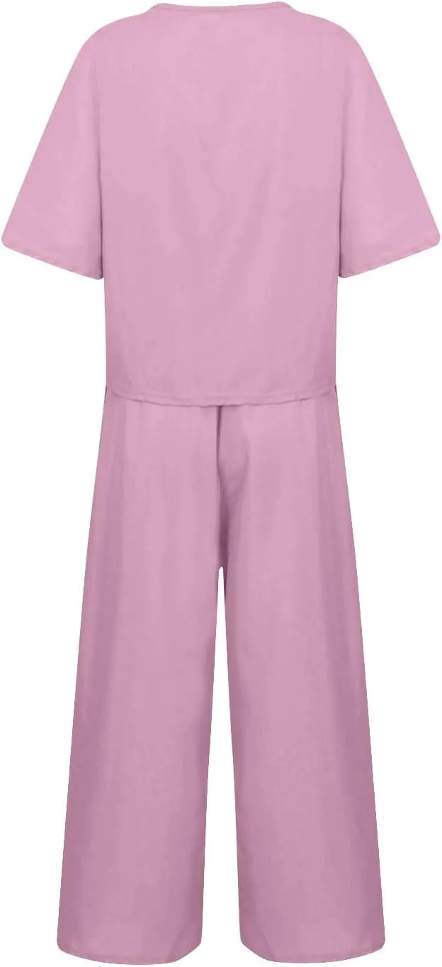 Cotton Linen Sets for Women 2 Piece Lounge Set Summer Outfits Short Sleeve Crop Top Wide Leg Capri Pants with Pockets