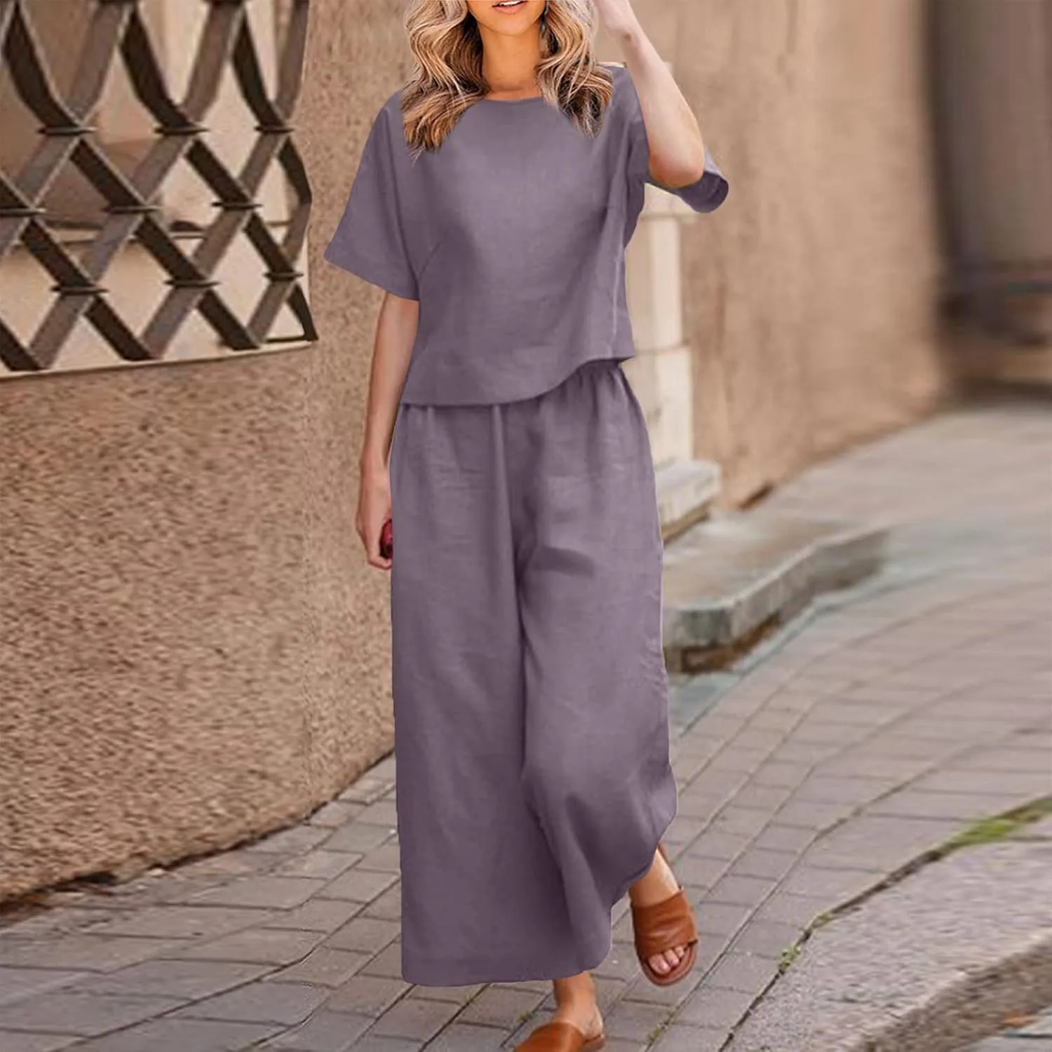 Cotton Linen Sets for Women 2 Piece Lounge Set Summer Outfits Short Sleeve Crop Top Wide Leg Capri Pants with Pockets