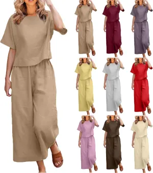Cotton Linen Sets for Women 2 Piece Lounge Set Summer Outfits Short Sleeve Crop Top Wide Leg Capri Pants with Pockets