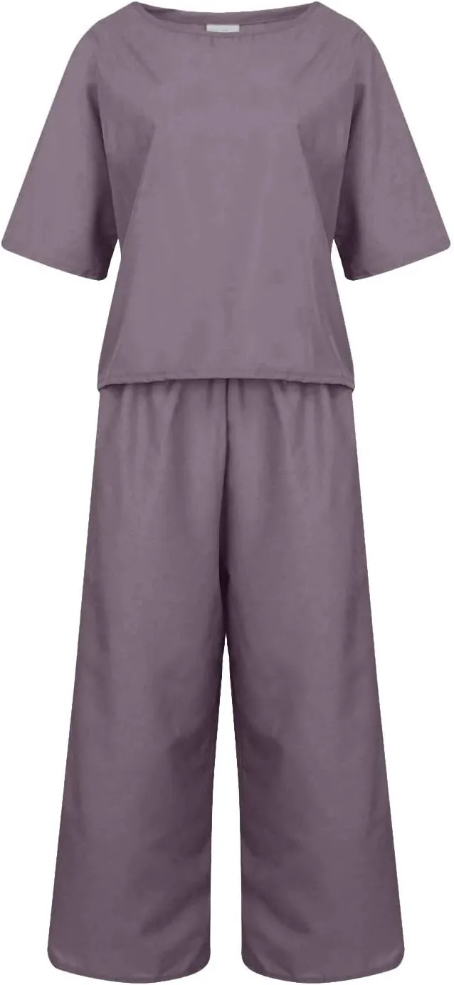 Cotton Linen Sets for Women 2 Piece Lounge Set Summer Outfits Short Sleeve Crop Top Wide Leg Capri Pants with Pockets