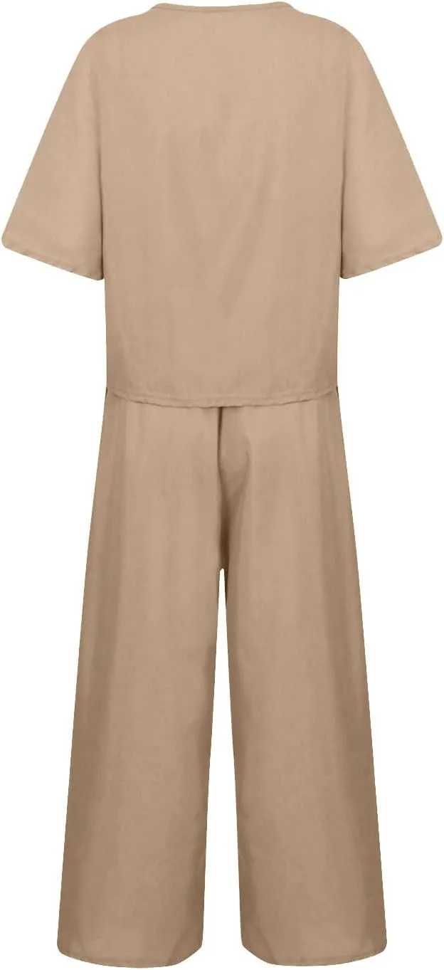 Cotton Linen Sets for Women 2 Piece Lounge Set Summer Outfits Short Sleeve Crop Top Wide Leg Capri Pants with Pockets