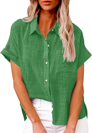 Cotton Linen Shirts for Women Short Sleeve Button Down Casual Loose Gauze Tops Ladies Summer Beach Blouse