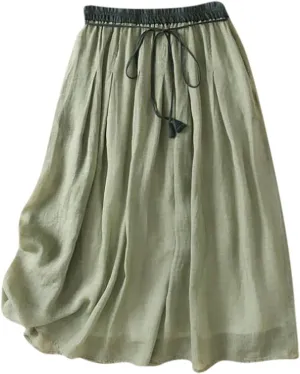 Cotton Linen Skirts for Women 2025 Summer A-Line Elastic Waist Front Strap Solid Skirt Embroidery Vintage Midi Skirts