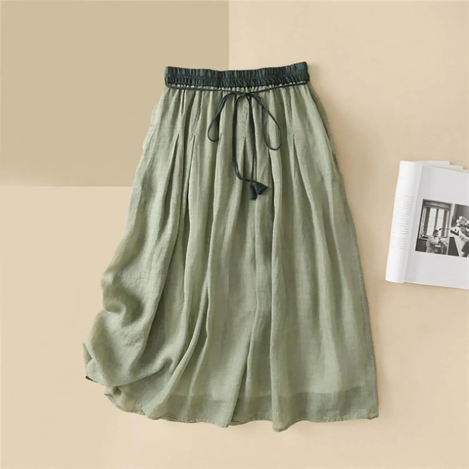 Cotton Linen Skirts for Women 2025 Summer A-Line Elastic Waist Front Strap Solid Skirt Embroidery Vintage Midi Skirts
