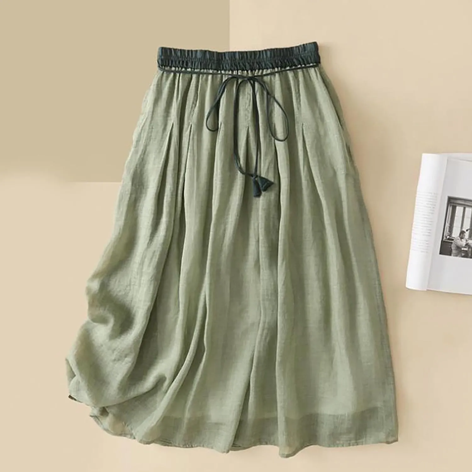 Cotton Linen Skirts for Women 2025 Summer A-Line Elastic Waist Front Strap Solid Skirt Embroidery Vintage Midi Skirts