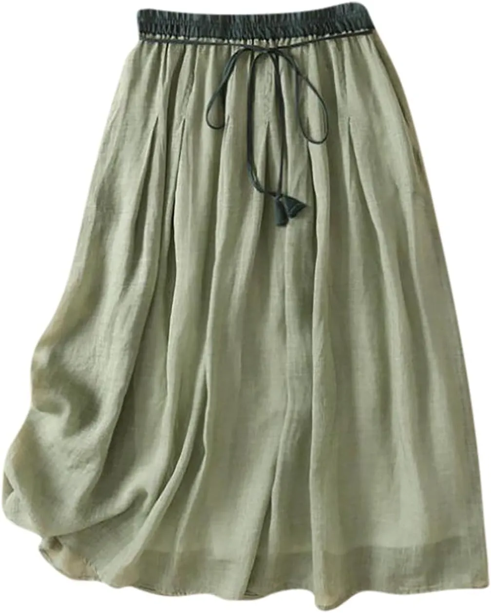 Cotton Linen Skirts for Women 2025 Summer A-Line Elastic Waist Front Strap Solid Skirt Embroidery Vintage Midi Skirts