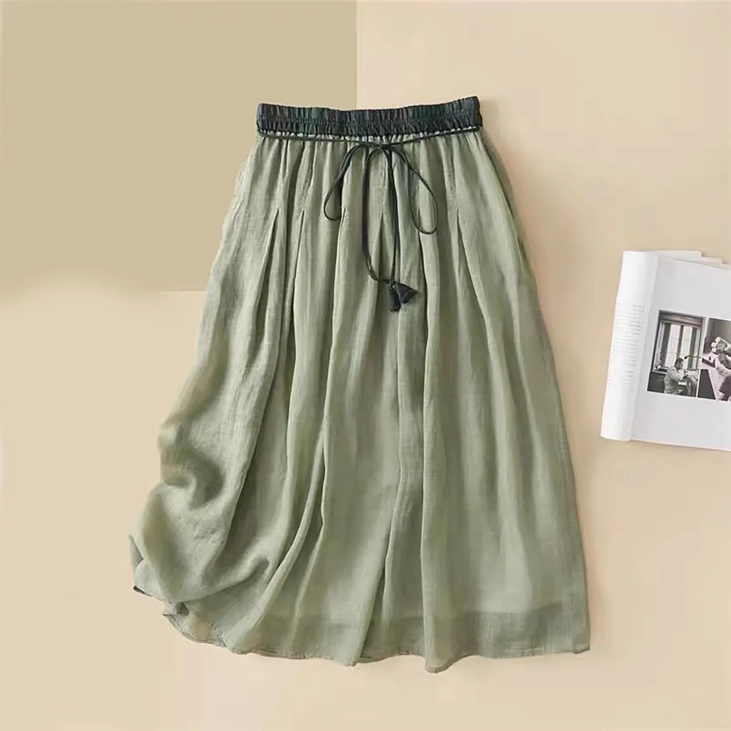 Cotton Linen Skirts for Women 2025 Summer A-Line Elastic Waist Front Strap Solid Skirt Embroidery Vintage Midi Skirts