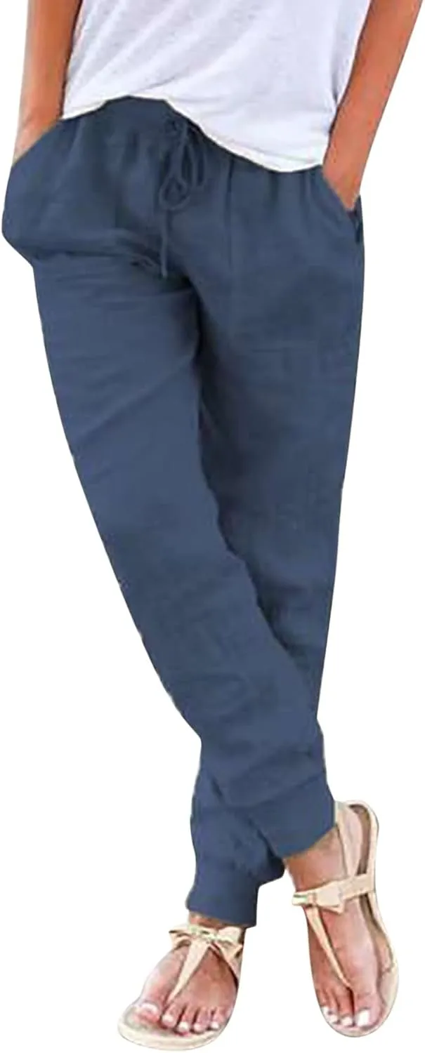 Cotton Linen Tapered Pants Womens Jogger Casual Drawstring Back Elastic Waist Pants Casual Trousers with Pockets