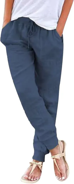 Cotton Linen Tapered Pants Womens Jogger Casual Drawstring Back Elastic Waist Pants Casual Trousers with Pockets