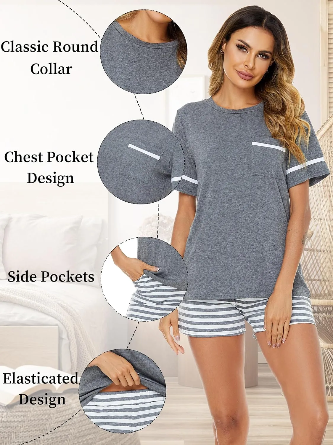 Cotton Pajamas for Women Set Short Sleeve Womens Pajama Sets Shorts Cute Print Tee and Pj Shorts with Pocket