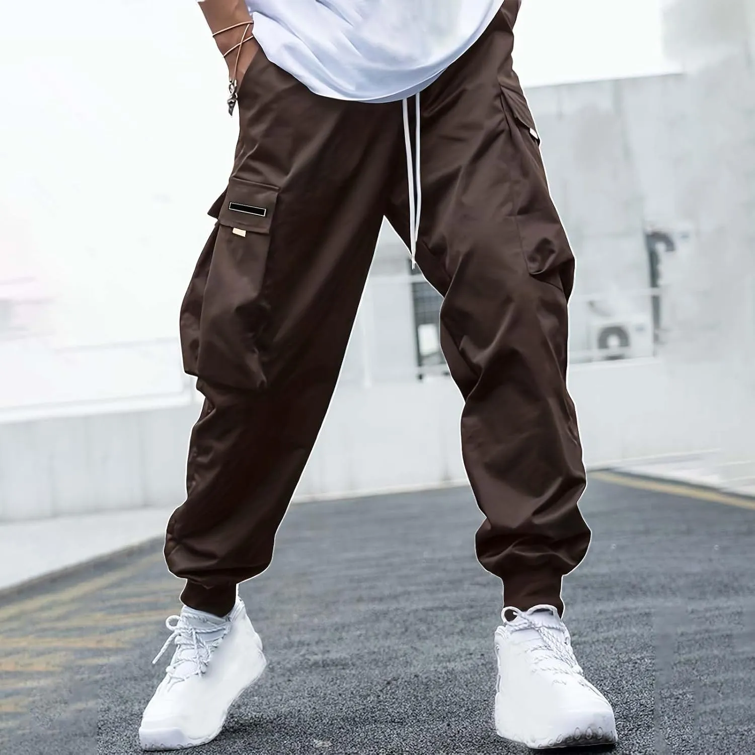 CRNTCEM Mens Baggy Hip Hop Cargo Pants Lightweight Streetwear Grunge Harem Joggers Trousers Trendy Casual Y2K Parachute Pants