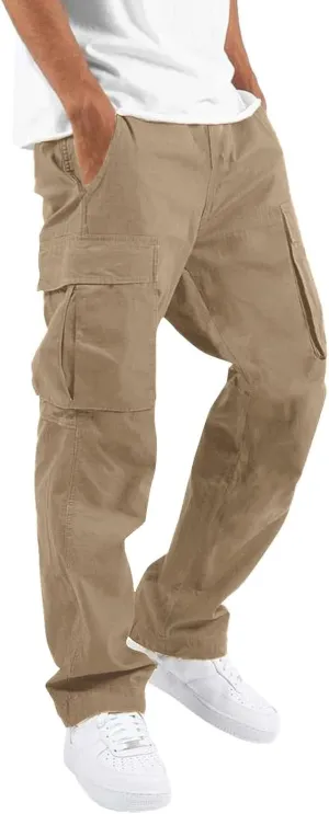 CRNTCEM Mens Casual Straight Cargo Pants Lightweight Elastic Waisted Workout Work Sweatpants Cozy Military Tactical Trousers