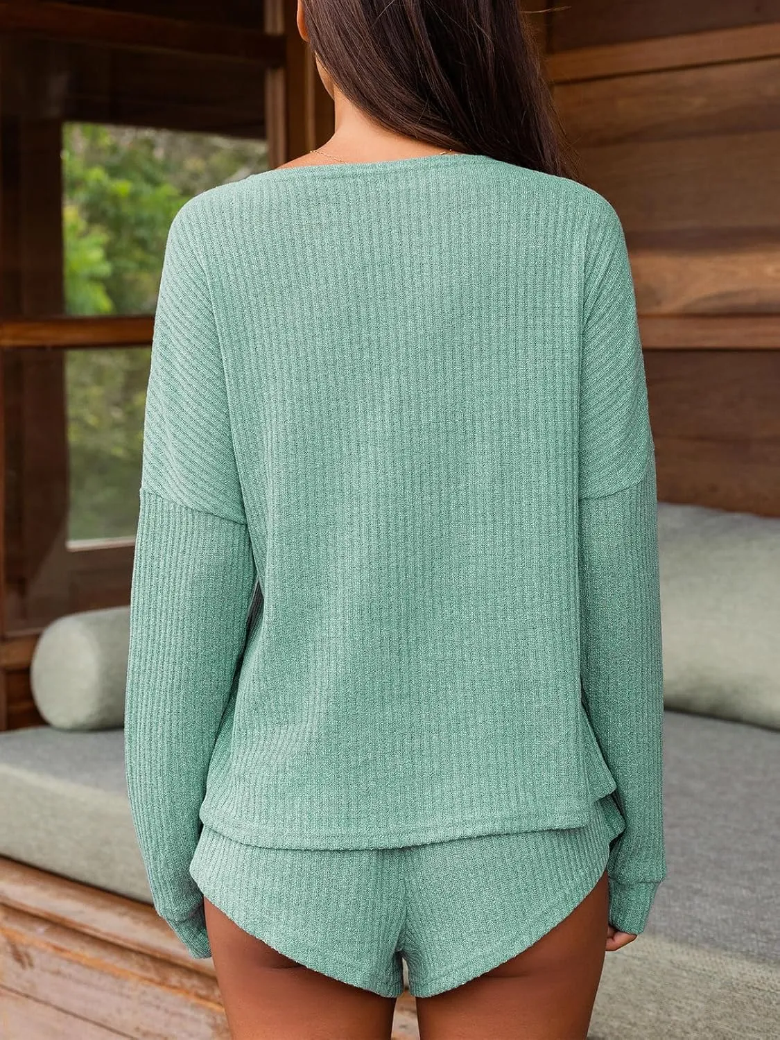 CUPSHE Ribbed Knit Long Sleeve and Short Pajama Sets 2 Piece Button Down Long Sleeve PJs for Women Soft Loungewear