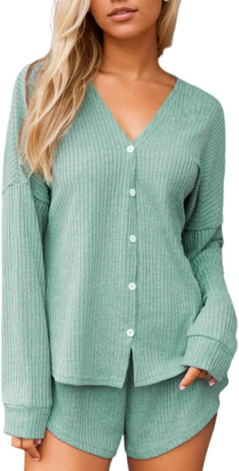 CUPSHE Ribbed Knit Long Sleeve and Short Pajama Sets 2 Piece Button Down Long Sleeve PJs for Women Soft Loungewear