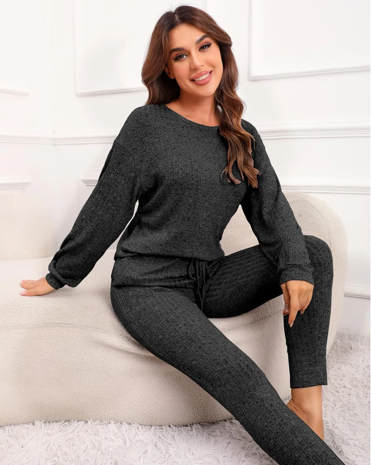 difficort Womens Pajama Sets Long Sleeve Pjs Soft Sleepwear Ribbed Knit Lounge Set with Pockets