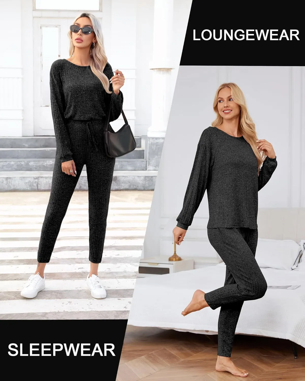 difficort Womens Pajama Sets Long Sleeve Pjs Soft Sleepwear Ribbed Knit Lounge Set with Pockets