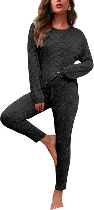 difficort Womens Pajama Sets Long Sleeve Pjs Soft Sleepwear Ribbed Knit Lounge Set with Pockets