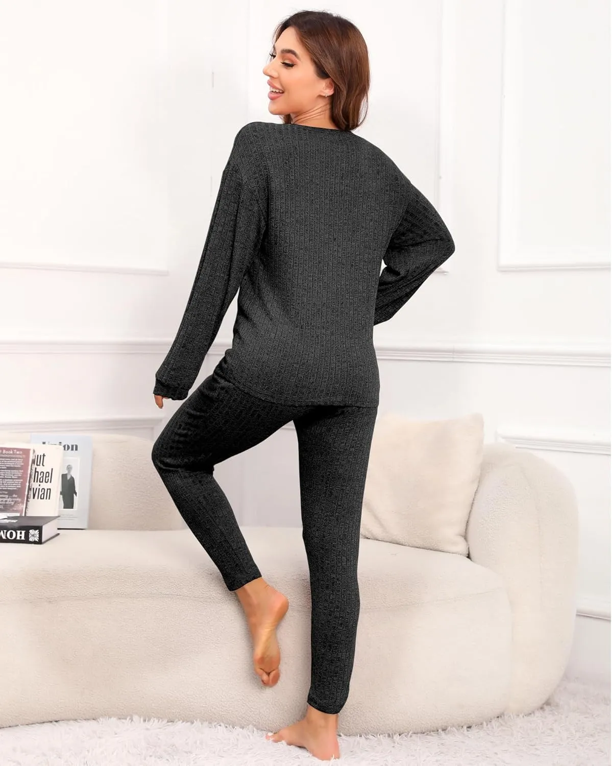 difficort Womens Pajama Sets Long Sleeve Pjs Soft Sleepwear Ribbed Knit Lounge Set with Pockets