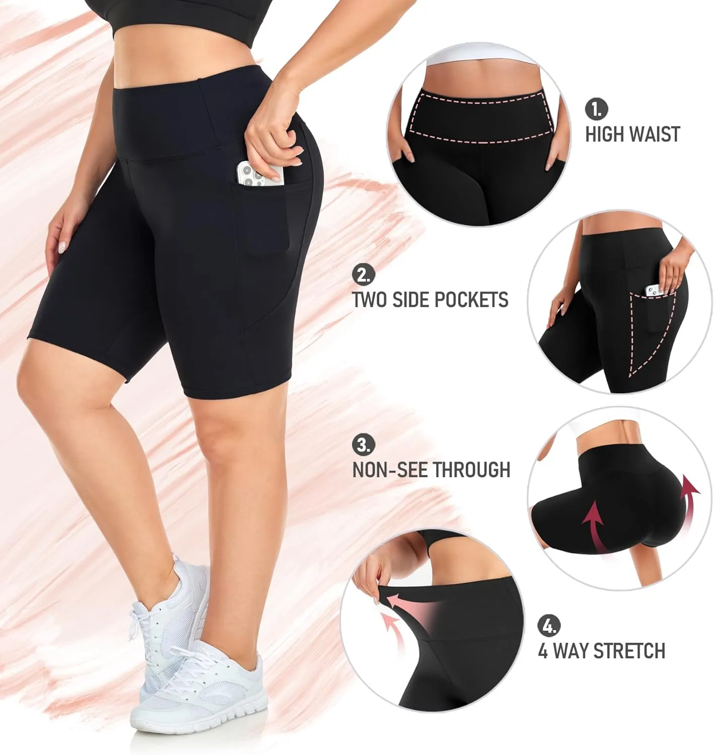 Diu Life 3 Pack Biker Plus Size Shorts for Women with Pockets - High Waist 8" Black Workout Shorts for Yoga (1X 2X 3X 4X)