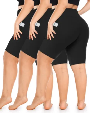 Diu Life 3 Pack Biker Plus Size Shorts for Women with Pockets - High Waist 8" Black Workout Shorts for Yoga (1X 2X 3X 4X)