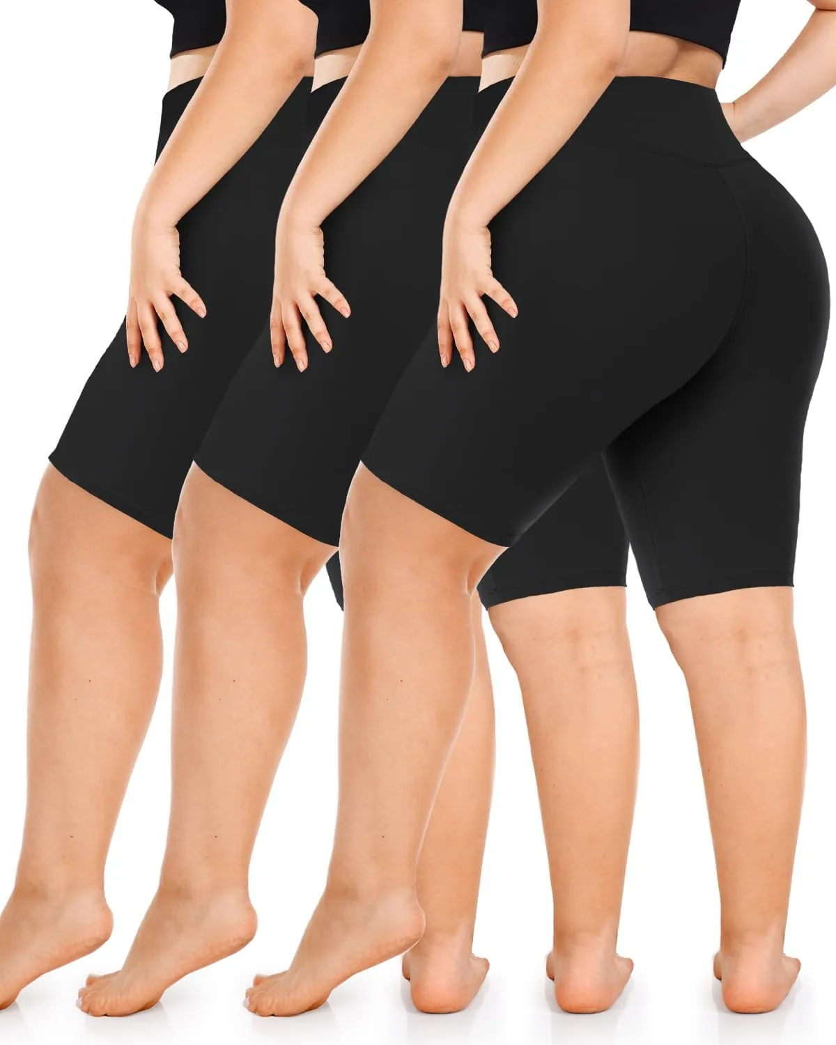 Diu Life 3 Pack Biker Plus Size Shorts for Women with Pockets - High Waist 8" Black Workout Shorts for Yoga (1X 2X 3X 4X)