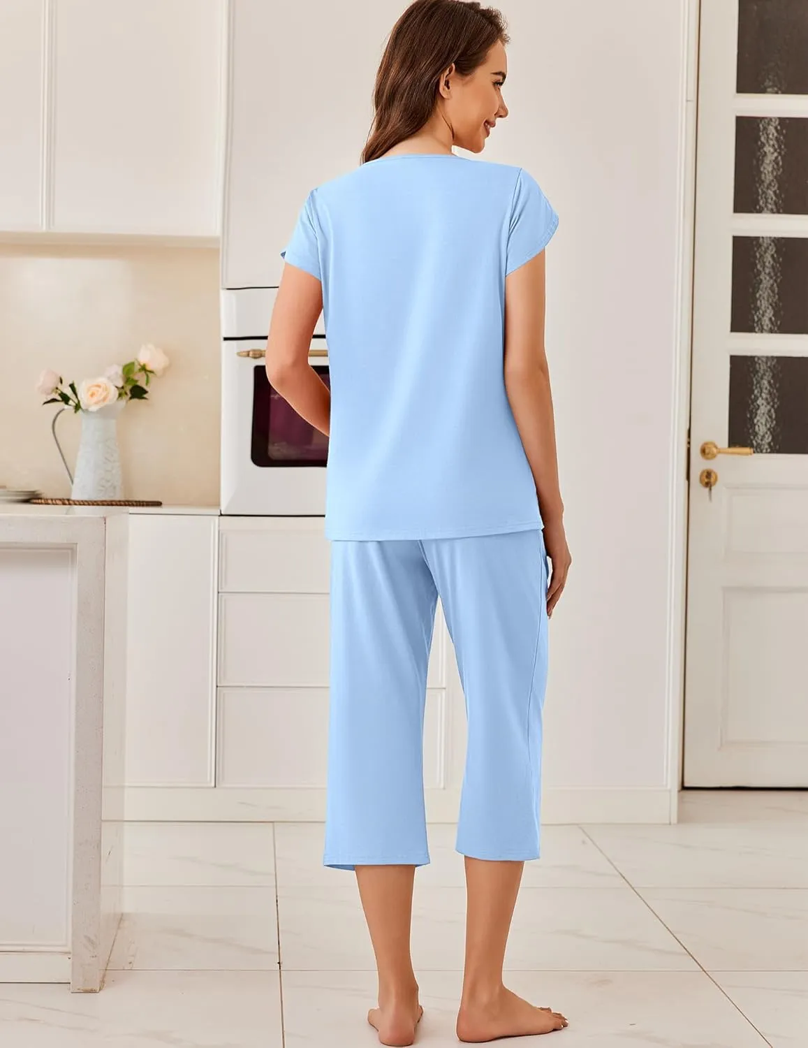 Ekouaer Capri Cotton Pajama Sets Short Sleeve Pleated Top and Pants 2 Piece Pjs Sleepwear with Pockets for Women